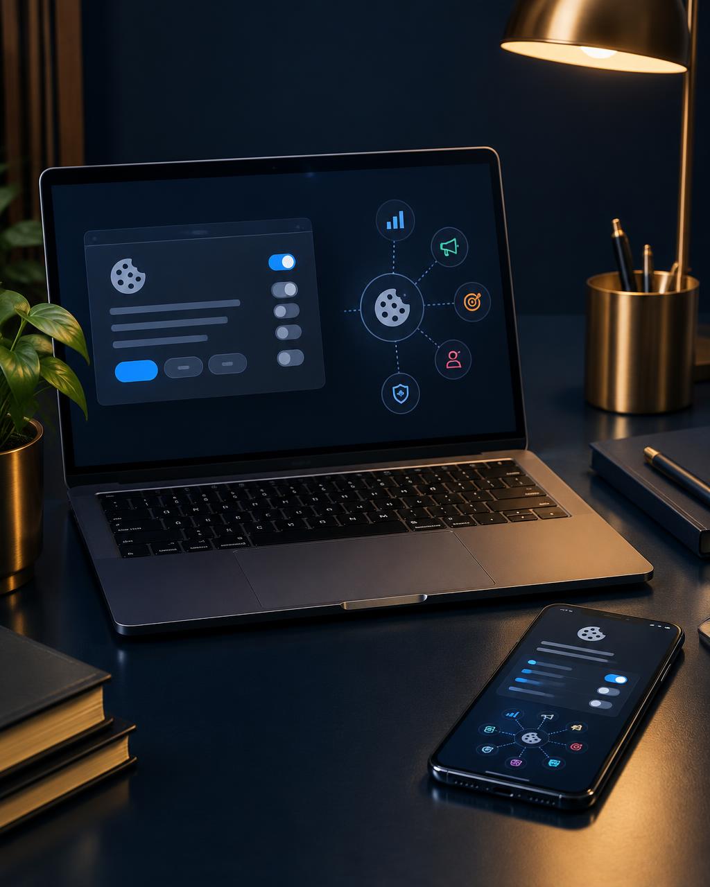 Laptop and phone displaying cookie and tracker controls